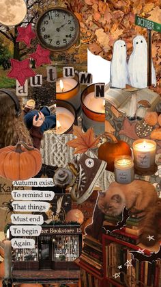 a collage of halloween images with candles, books and pumpkins in the background