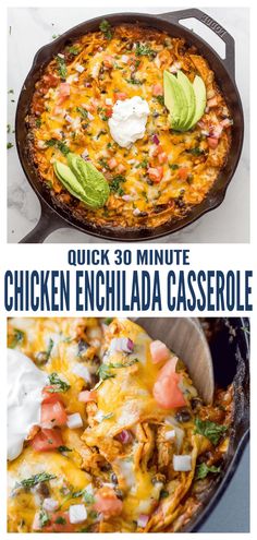 chicken enchilada casserole in a cast iron skillet with text overlay