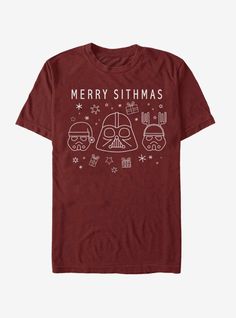 a red t - shirt with the words merry christmas written on it and two cartoon characters