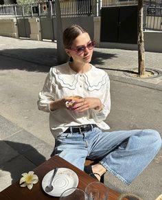 Ruffle Shirt Aesthetic, White Blouse With Jeans, Doen Blouse Outfit, Frilly Shirt Aesthetic, Frilly White Blouse, Frilly White Shirt, Black Overalls, April 20, Oui Oui