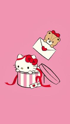 an image of hello kitty and teddy bear in a gift box with ribbon on pink background