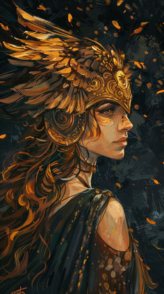 a painting of a woman wearing a golden headdress with feathers flying around her