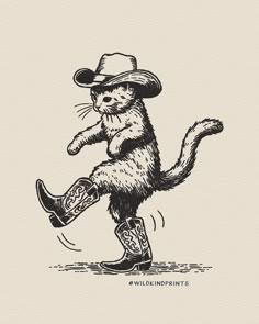 a black and white drawing of a cat wearing a cowboy hat while holding a boot