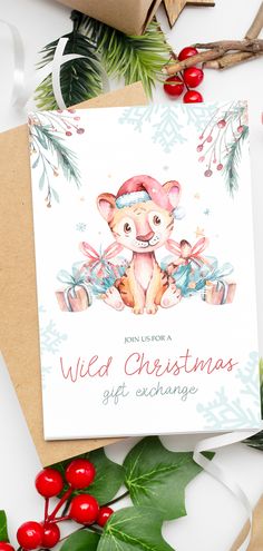 a christmas card with an image of a mouse wearing a santa hat and holding presents