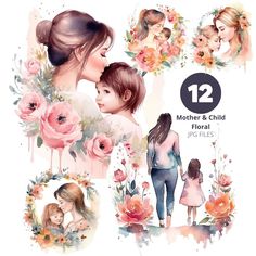 watercolor mother's day clipart set with flowers and girls in the background