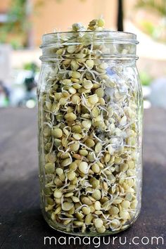 a jar filled with seeds sitting on top of a wooden table