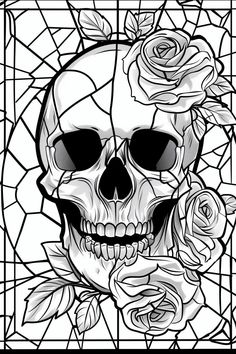 a stained glass window with a skull and roses on it in black and white colors