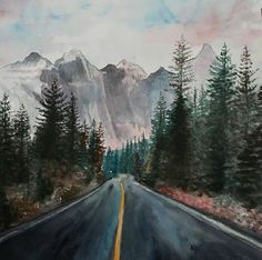 a painting of a mountain road with trees and mountains in the backgrouund