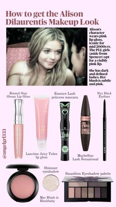 This is a mood board for people who want to recreate Alison Dilaurentis’ makeup look Smashbox Eyeshadow Palette, Alison Dilaurentis, Character Board, Beauty Routine Tips, Makeup Tut, Pink Lip Gloss, Shimmer Eyeshadow, Makeup Obsession, Nyx Professional Makeup