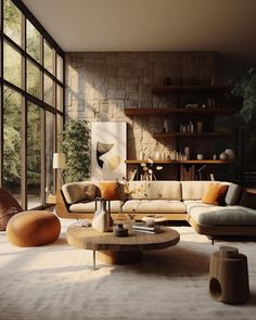 a living room filled with lots of furniture next to large glass windows on the wall