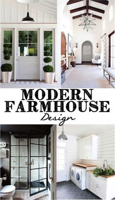 the modern farmhouse design is featured in this postcard style photo collage with white walls and wood beams