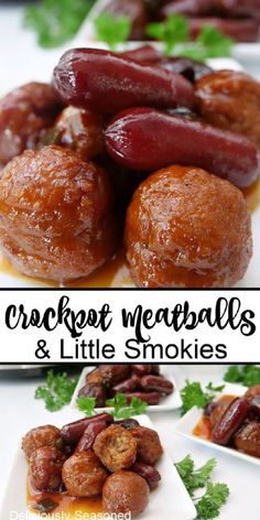 A double collage photo of meatballs and little smokies. Meatballs And Little Smokies Crock Pot, Little Smokies And Meatballs Crockpot, Lil Smokies And Meatballs, Super Easy Crockpot Recipes, Crockpot Meatballs, Meatball Recipes Crockpot