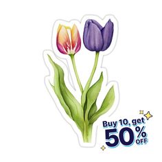 two purple and yellow tulips stickers on a white background with the words buy 10 get 50 % off