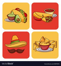 four square pictures with mexican food and drinks on the same plate, including chips, guacamole, and sombrero