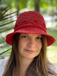 Red Brimmed Crochet Hat For Summer, Red Crochet Hat With Curved Brim For Summer, Red Curved Brim Crochet Hat For Summer, Red Crochet Wide Brim Hat For Summer, Red Wide Brim Crochet Hat For Summer, Red Brimmed Crochet Hat For Beach, Red Crochet Hat For Beach, Red One-size Crochet Hat For Beach, One-size Red Crochet Hat For The Beach