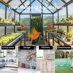 the inside of a greenhouse with lots of plants in it and pictures of different types of houseplants