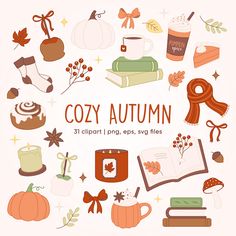 cozy autumn clipart set with books, coffee mugs and other items