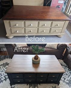 before and after photos of an old dresser turned into a coffee table with storage drawers