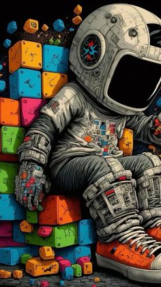 an astronaut sitting on top of colorful cubes with his feet propped up in the air