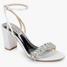 Badgley Mischka Block Heel In Satin White Size 9. Purchased For Wedding But Never Worn And Still In Original Packaging. Sparkle Wedding Shoes, Rhinestone Anklet, White Block Heels, White Sandals Heels, Badgley Mischka Shoes, Gold Pumps, Black Strappy Heels, Strap Sandals Women, Pointed Heels