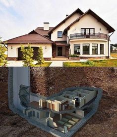 an image of a house being built in the middle of two pictures, and then showing what it looks like