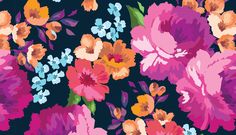 an image of colorful flowers on a black background with pink, orange and blue colors