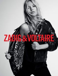 a woman standing in front of a white background with the words zadig & voltaire on it