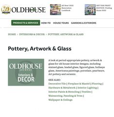 the homepage for pottery art work and glass, which is on display at oldhouse international