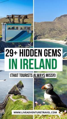 two pictures with the words 29 hidden gems in ireland that tourists always miss on them