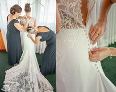 bridesmaids helping the bride put on her wedding dress