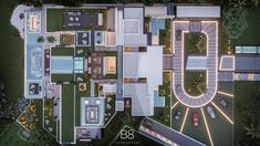 an aerial view of a large house with swimming pool in the center and landscaping around it