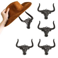 PRICES MAY VARY. Western Cowboy Hat Rack--This cowboy hat organizer features a unique design that combines elements of the western longhorn. With its antique rust color, it exudes the authentic style of the Wild West. Even without the cowboy hat hung on it, it still becomes a small piece of art on your wall. Unique Cowboy Hat Holder--This stylish hat holder measured with 5.5x4.3x2.7 in, designed to hold or display your cowboy/cowgirl hats, the bull horn with certain angle which ensuring cowboy h Cowboy Hat Holder, Metal Cowboy, Cowboy Hat Rack, Hat Organizer, Cowboy Gifts, Hat Hanger, Hat Holder, Hat Organization, Bull Horns