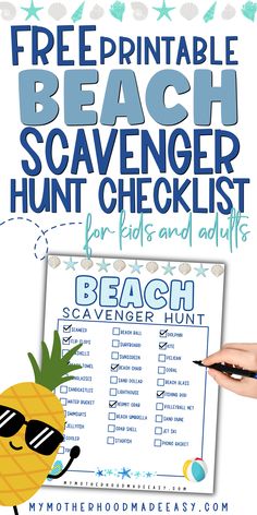 the free printable beach scavenger hunt checklist for kids and adults