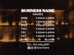 a business name and date card on a dark background with blurry lights in the foreground