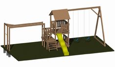 a wooden swing set with a yellow slide and green climbing rope on the bottom level