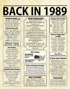 an old newspaper advertisement with the back in 1989 written on it's front page