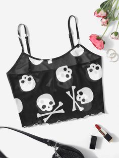 Preto e Branco Sensual Collar  Tecido de malha Halloween Suspensório Embellished Elasticidade Baixa Verão Skull Crop Top, Punk 90s, Punk Top, Short Grunge Hair, Crop Cami Top, Without Bra, Emo Outfits, Cropped Cami, Cami Crop Top