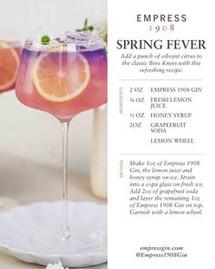 an advertisement for the spring fever cocktail with orange slices and lemons in it on a white plate