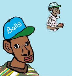 a drawing of a man wearing a hat with the word balls in front of him