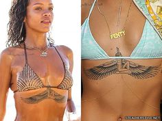 Rihanna Egyptian Goddess Isis, Wings Chest Tattoo | Steal Her Style Rihanna Egyptian Tattoo, Rihanna Egyptian, Rihanna Tattoo Chest, Tattoo Rihanna, Celeb Tattoos, Egyptian Goddess Tattoo, Celebrity Tattoos Women, Underbreast Tattoo, Rihanna Tattoo