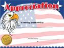 a certificate with an eagle and american flag in the background, on top of a postage stamp