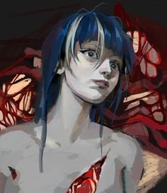 a painting of a woman with blue hair and no shirt on, in front of a red background