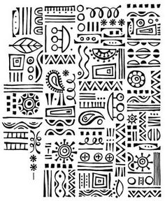 an abstract design with black and white lines, shapes, and other things in the background