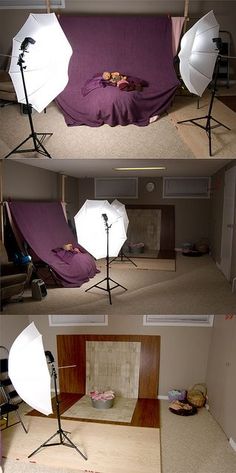 three different shots of a person laying on a bed in front of a camera and lighting equipment