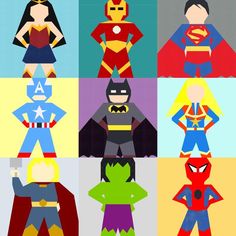 the superheros are all different colors and sizes