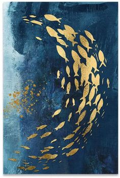 an abstract painting with gold fish in the ocean