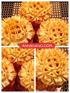 four pictures of small pastries on a black and white tablecloth with the words annievang com