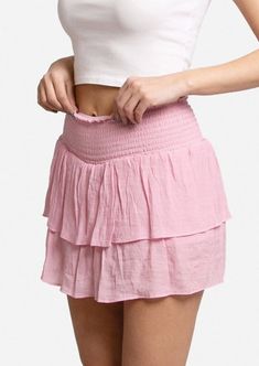 Light pink ruffle tiered mini skirt with elastic waistband 65% Viscose 35% Polyester Size: S/M (14" long), L/XL (15" long) Waist stretch length: 4" Mini Cotton Pink Skirt, Pink Towel Mini Skirt, Luxury Pink Tiered Skirt Sets, Cheap Pink Gathered Skirt, Cheap Lined Tiered Mini Skirt, Cheap Solid Color Tiered Mini Skirt, Cheap Multicolor Tiered Mini Skirt, Cheap Gathered Tiered Mini Skirt, Cheap Tiered Mini Skirt With Lining