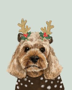 a dog with reindeer antlers on its head wearing a brown sweater and polka dots