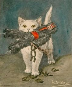 a painting of a white cat wearing a feathered coat and holding a red ribbon